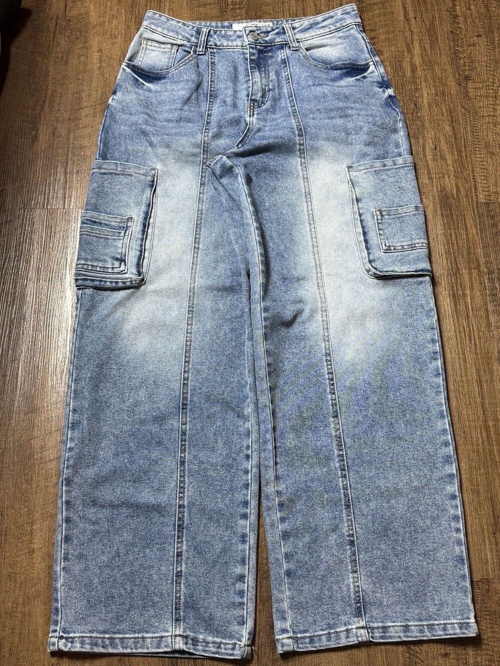 Love Cult Jeans Women Medium Cargo Pockets Wide Leg High Rise Denim Streetwear 9
